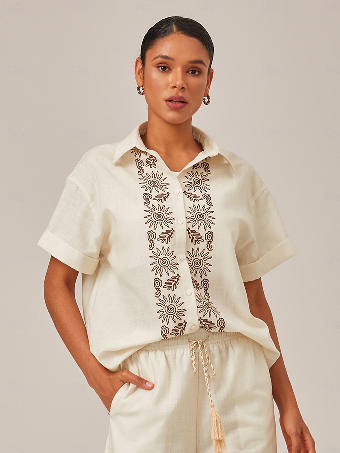 camicia in lino stampato con polsini arrotolati del 2025 a $13.99 –P2