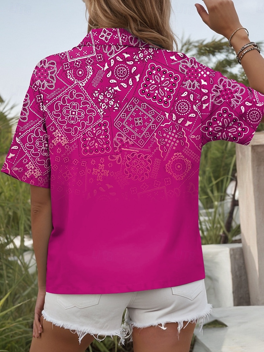 Damen Hemd Langarm Button Down Bluse Ombre Grafik Paisley Täglich Lässig Kurzarm Hemd Kragen Reguläre Tops Tägliche Rote Blau Fuchsia Sommer Frühling 2025 - $24.99 –P2