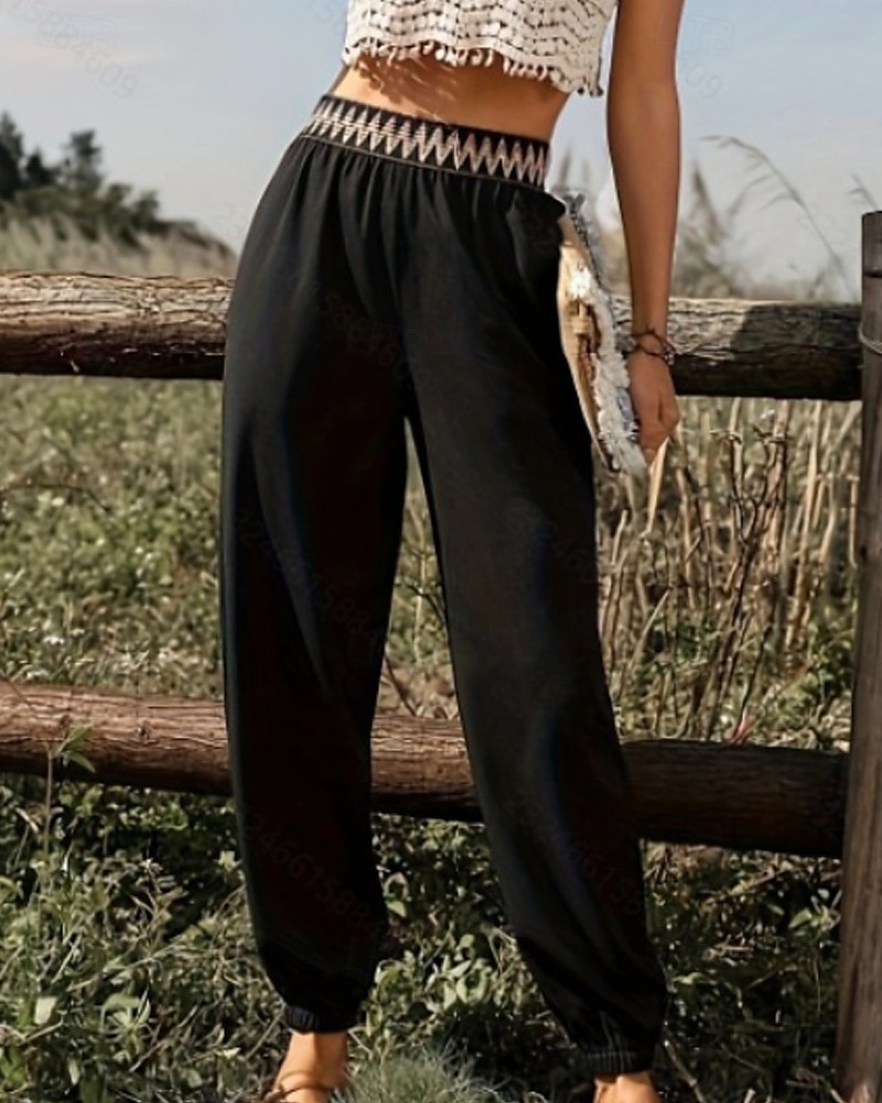 Pentru femei Pantaloni Casual Boho Lungime totală Natural Floare Peteci Talie elastică Exterior Comfortabil Stradă Ieșire Negru Vară Fit regulat 2025 - $19.99 –P3