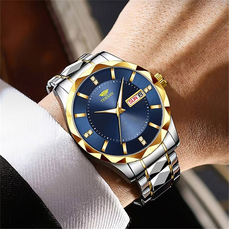 teranv-merkkinen muodikas miesten kvartsikello, jossa rombikuvioinen IPX7-vedenpitävä kaksoiskalenteri, valoisa teräsnauhakello, yrityskäyttöön 2025 - $12.99 –P8