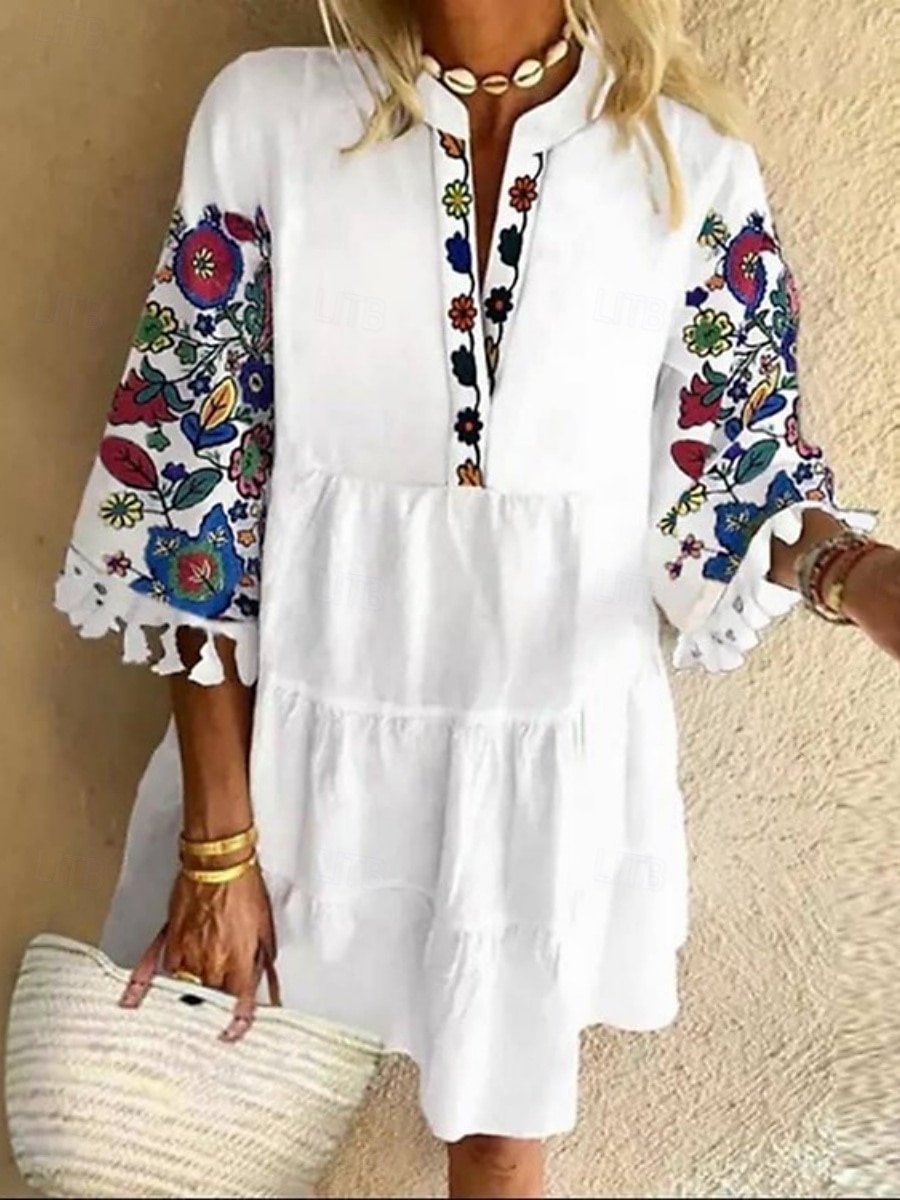 Femmes Mini Robe Robe Décontractée Robe Fleurie Robe d'été Mode Moderne Quotidien Plage Week-end Coupe régulière Fleuri Manche 3/4 Col en V Noir Blanche Jaune Rouge Été de 2025 ? $19.99 –P2