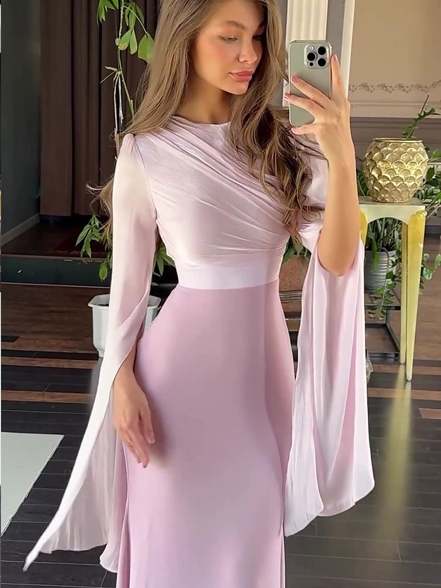 A-Linie Partykleider Elegant Kleid Formell Hochzeit Bodenlang Langarm Rundhalsausschnitt Satin mit Stickerei 2025 2025 - $79.99 –P7
