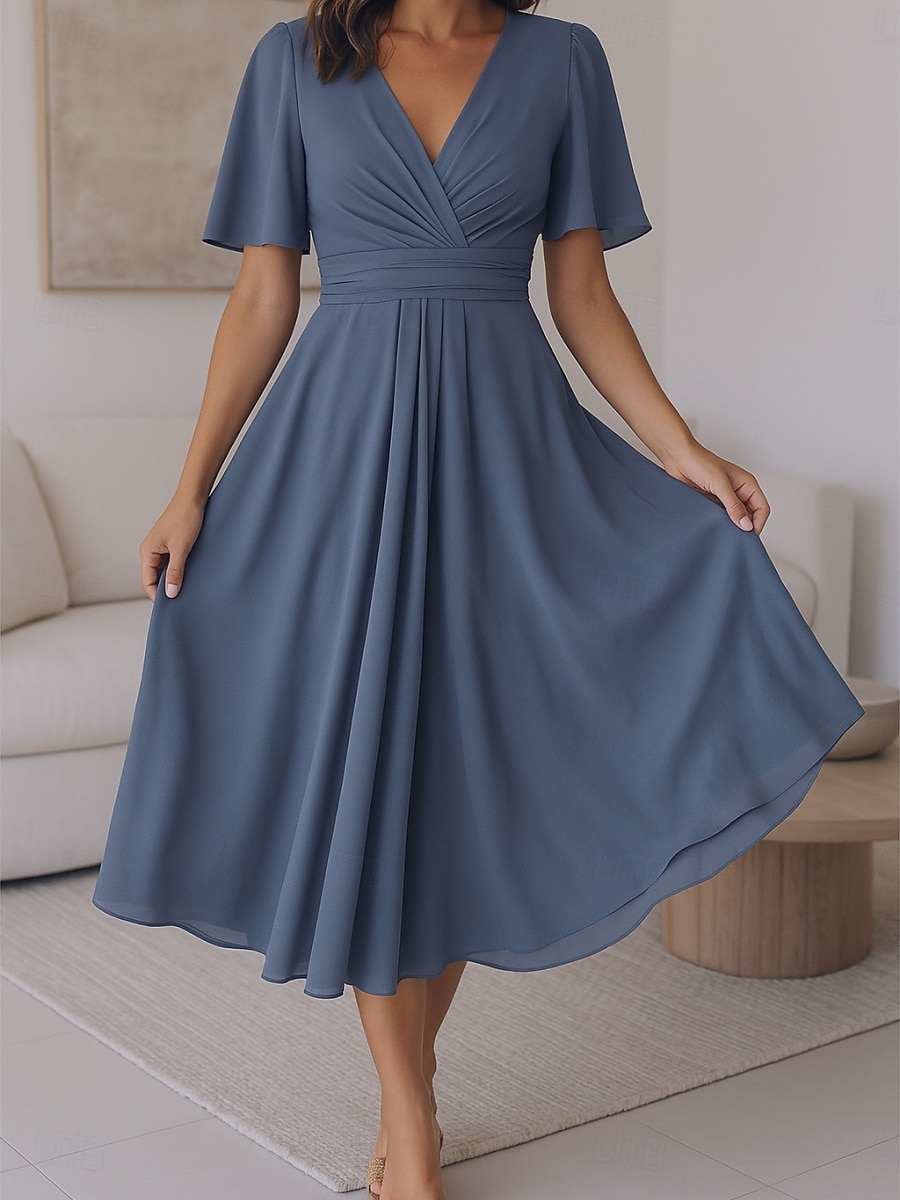 Dam Midiklänning Vardagsklänning Cocktail klänning Bröllopsgästklänning Chiffongklänningar Elegant Modern Mogna Utomhus Kontor Datum Normal Slät Kortärmad V-hals Blå Sommar 2025 - $31.99 –P3