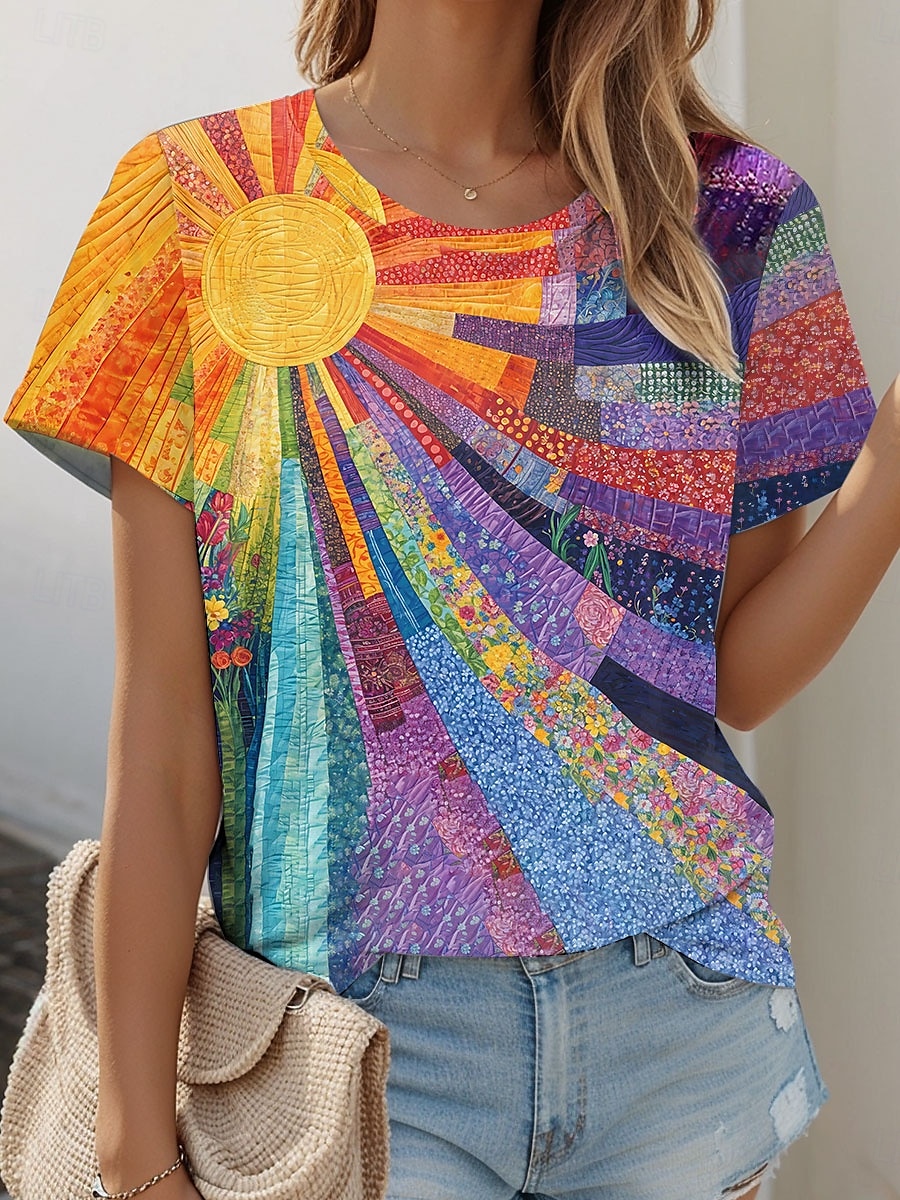 Damskie Podkoszulek Ombre Kwiaty Graficzny Zabytkowe Elegancki Codzienny Krótki rękaw Półgolf Zwykłe topy Codzienny Weekend Nadruk Pomarańczowy Lato 2025 - $19.99 –P1