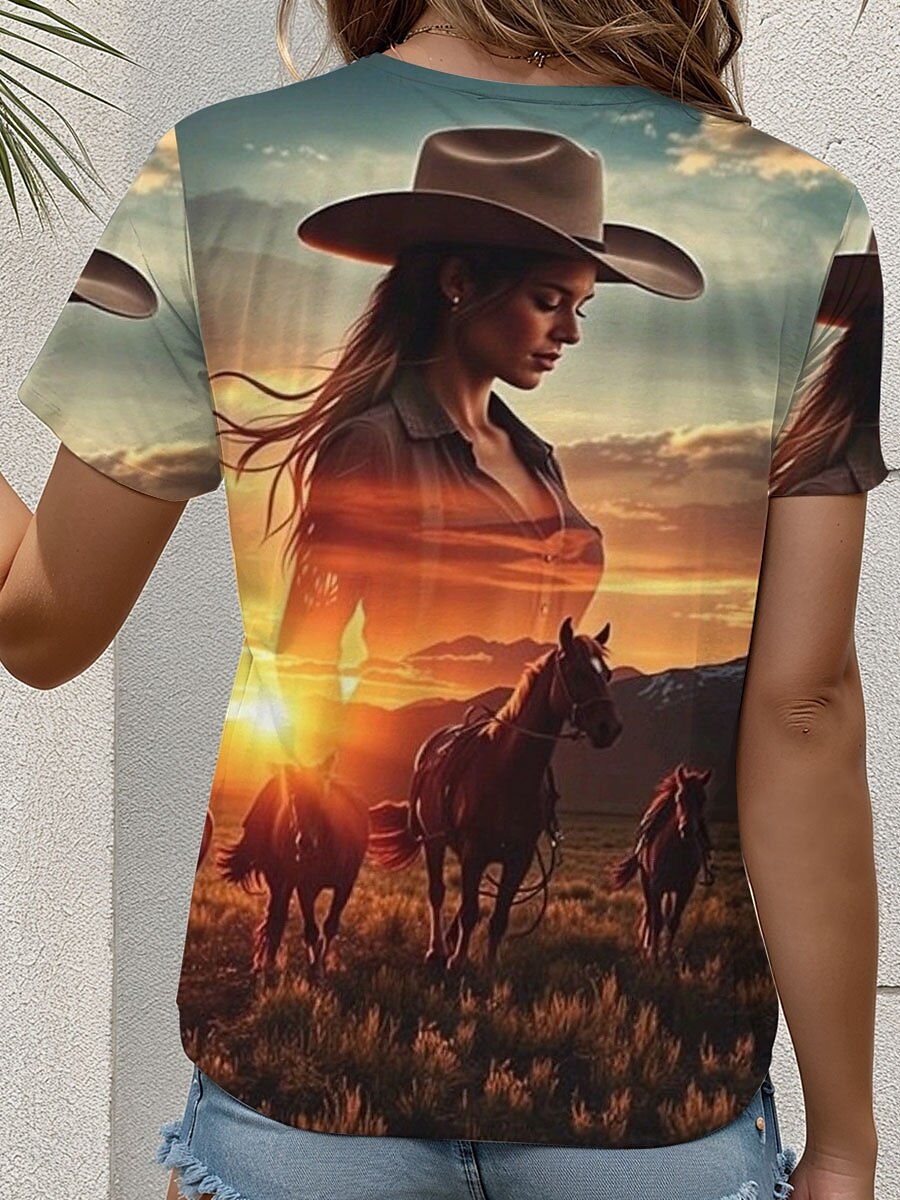 Kentucky Derby Women's T Shirt Graphic Animal Scenery Western Casual Short Sleeve Crew Neck Round Neck Regular Tops Daily Print Orange Summer 2025 - $19.99 –P2