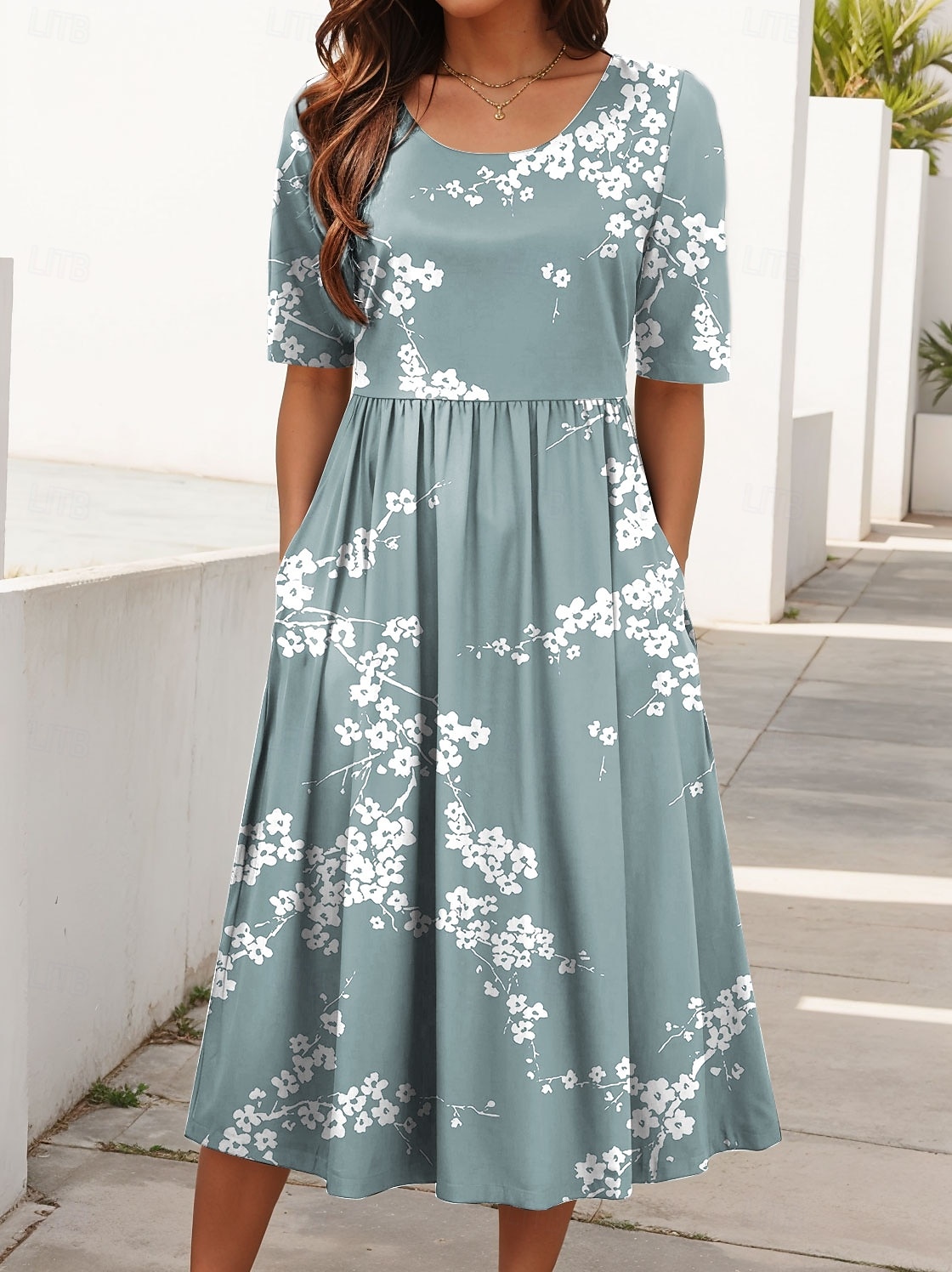 Damen Midikleid Sommerkleid Faltenkleid Urlaub Lässig Strand Täglich Ferien Normale Passform Blumen Grafik Kurzarm Rundhalsausschnitt Blau Purpur Grün Sommer 2025 - $31.99 –P1