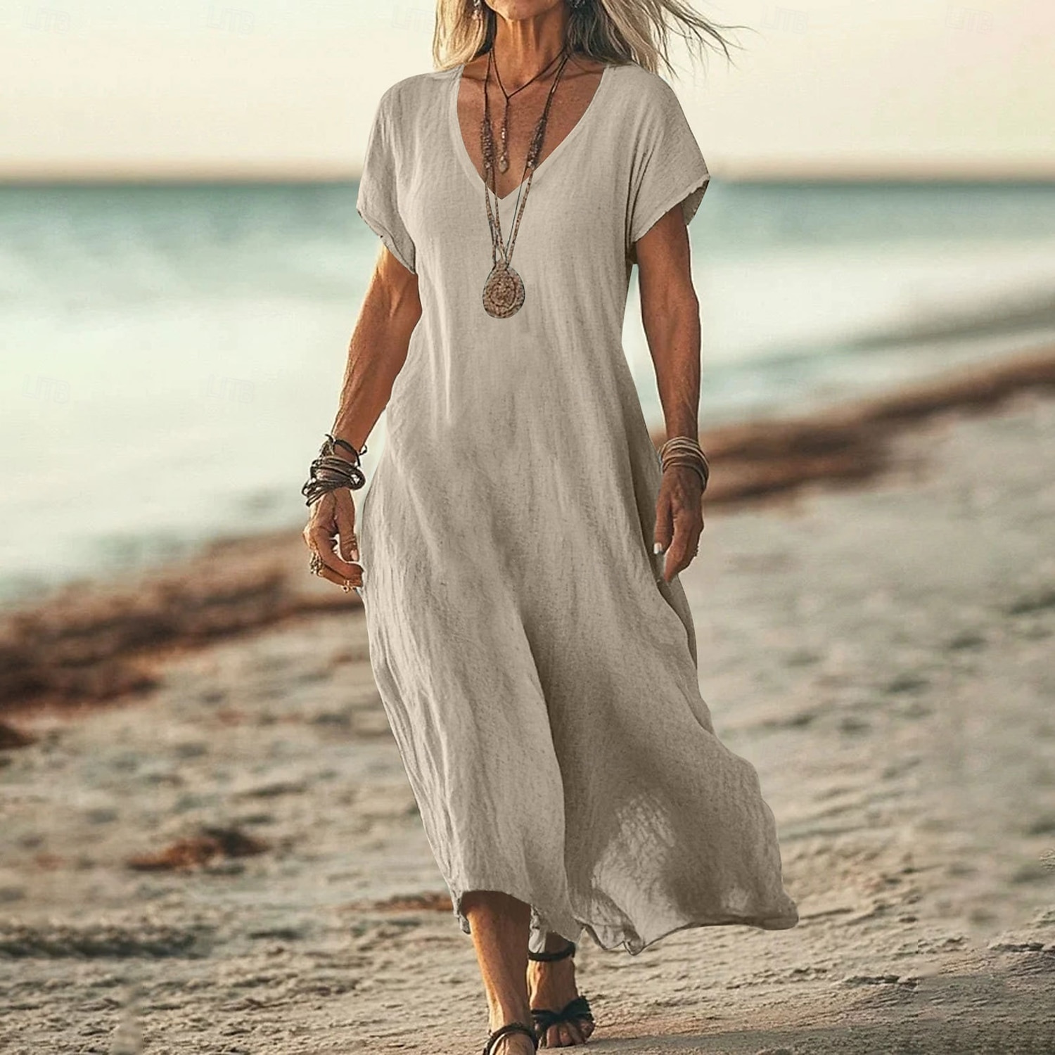 Robe midi féminine robe d'été décontractée quotidienne vacances plage ajustement régulier lin-like unie à manches courtes col en V blanc rose bleu vert été de 2025 ? $26.99 –P5