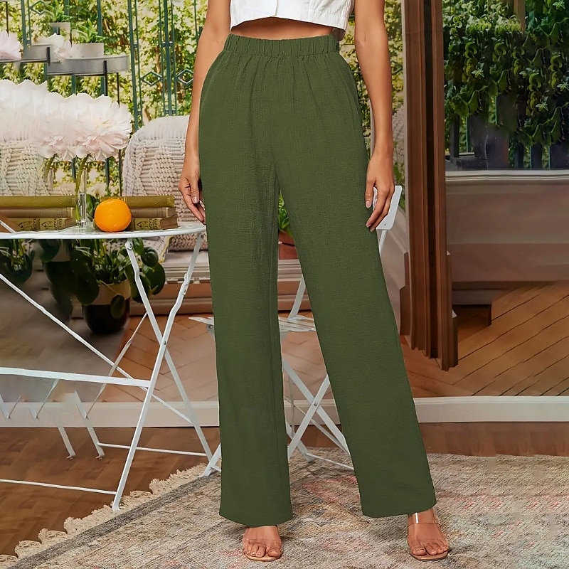 Women's Cotton Linen Pants Slacks Streetwear Casual Full Length Natural Plain Elastic Waist Comfy Comfortable Casual Daily Weekend Grey Navy Black Army Green Summer Regular Fit 2025 - GBP £21.99 –P4