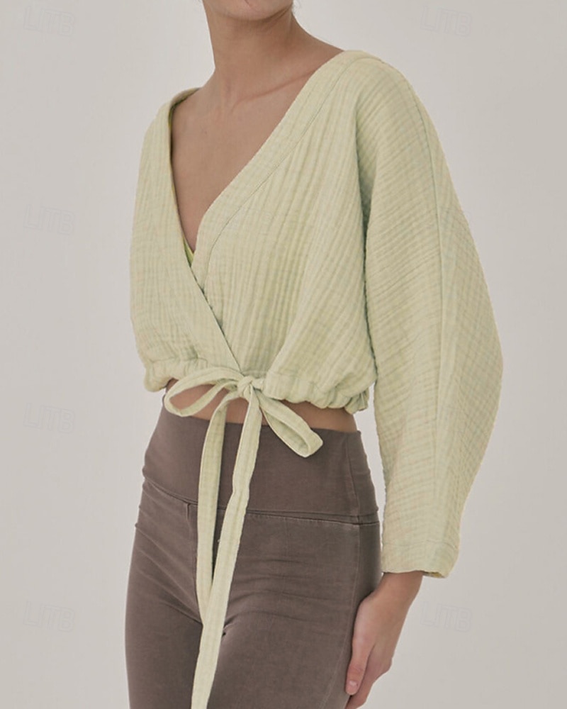 Dame Linskjorte Bluse عادي Fritid Langermet V-hals Crop Tops Daglig Ut på byen knyte foran Hvit Gul Brun Sommer 2025 - $36.99 –P3