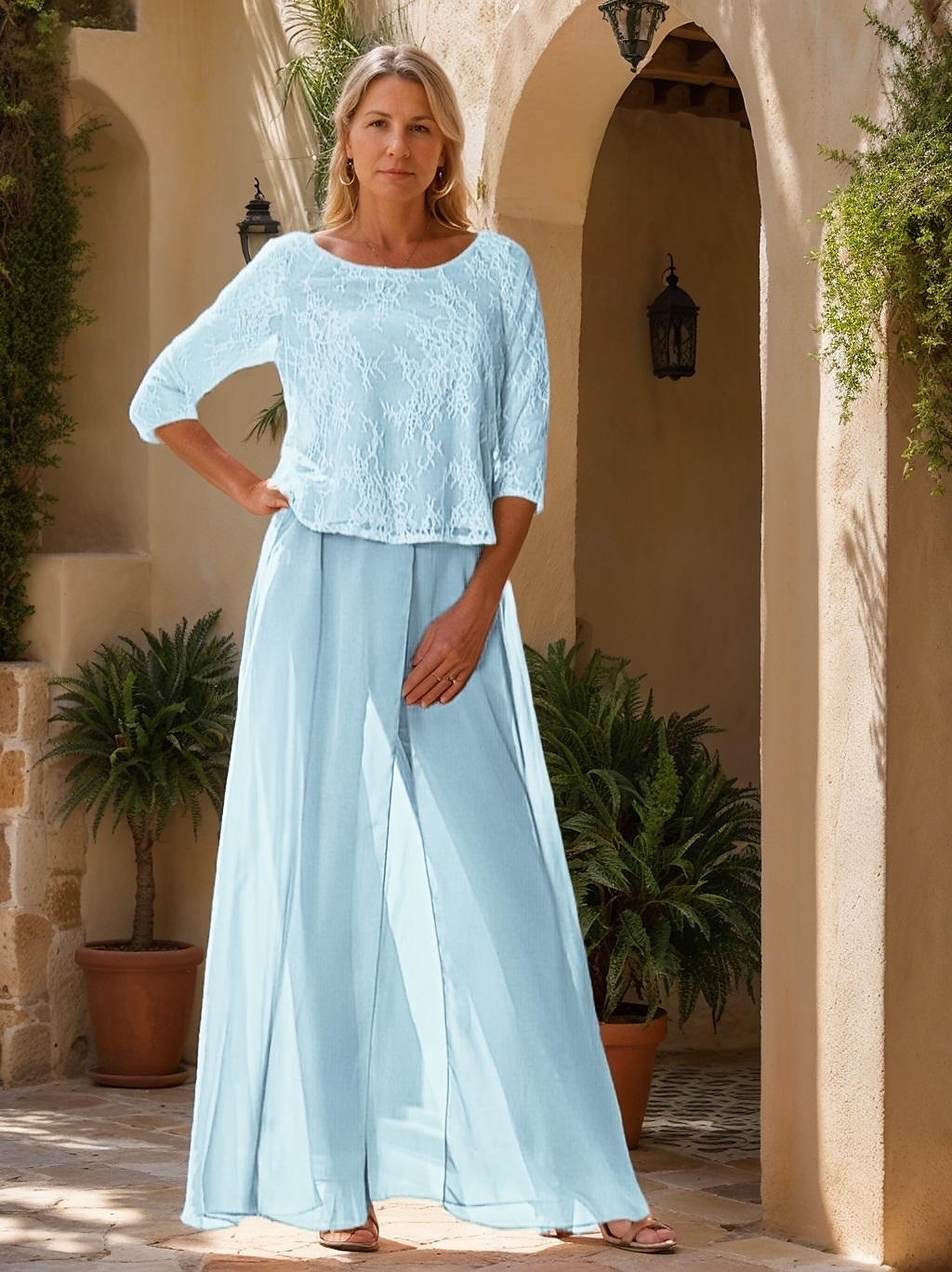 Two Piece Jumpsuit / Pantsuit Mother of the Bride Dress Elegant Simple Minimalist Crew Neck Floor Length Chiffon Half Sleeve with Lace 2025 - $149.99 –P5