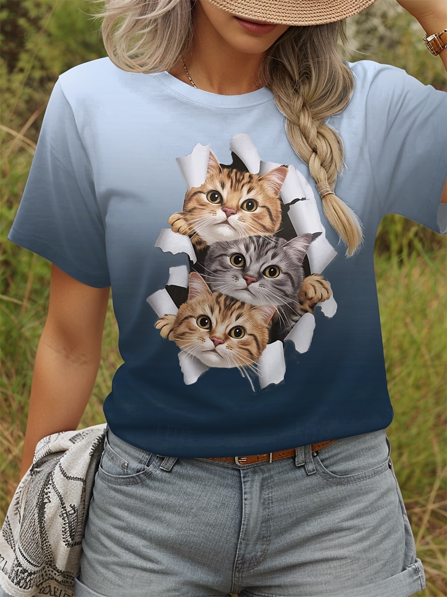 Per donna Maglietta Grafico Animale Gatto Vintage Elegante Classico Manica Corta Girocollo Top Regolari Quotidiano Stampato Blu Verde Estate del 2025 a $19.99 –P1