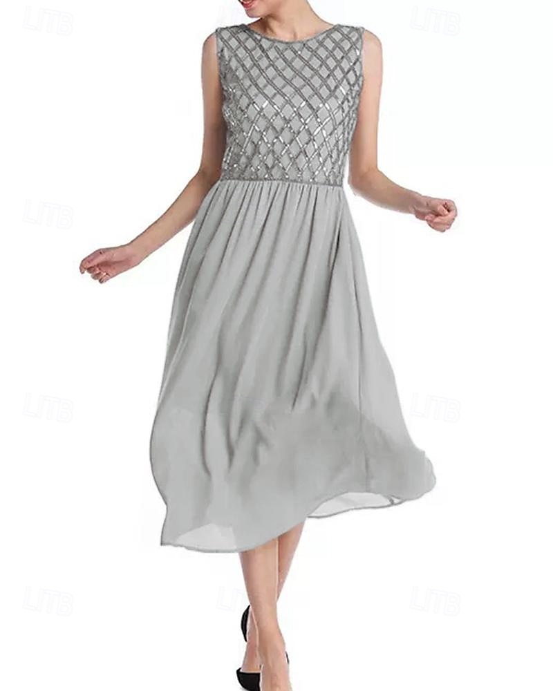 Ligne A Robe de Mère de Mariée  Formel robe demoiselle d honneur Élégant Simple Minimaliste Col ras du cou Longueur thé Chiffon Sans manches avec Paillettes 2025 de 2025 ? $149.99 –P2