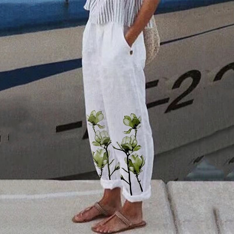 Women's Cotton Linen Pants Palazzo Pants Fashion Streetwear Comfort Ankle-Length Mid Waist Flower / Floral Pocket Elastic Waist Comfy Outdoor Comfortable Street Daily Wear Going out Cold White White 2025 - $27.99 –P5