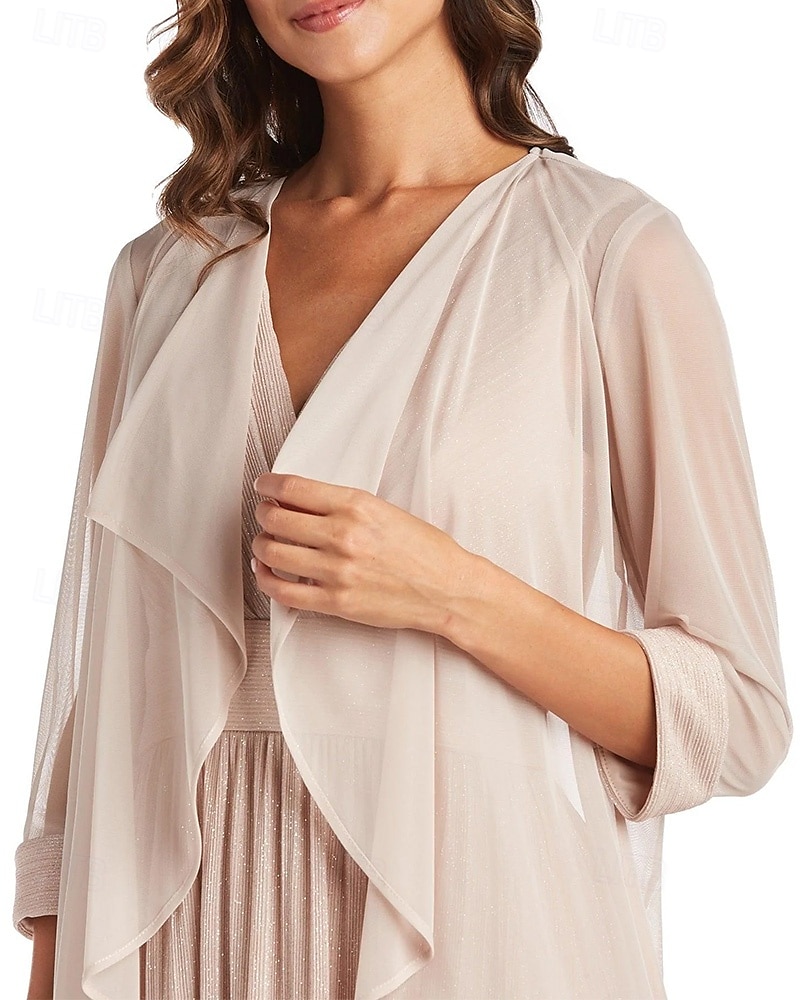 Zweiteilig Glitzer Chiffon A-Linie Kleid der Mutter der Braut Elegant Einfach Minimalistisch V-Ausschnitt Bodenlänglich Ärmellos Halblangärmel mit Jacke 2025 - $148.99 –P7