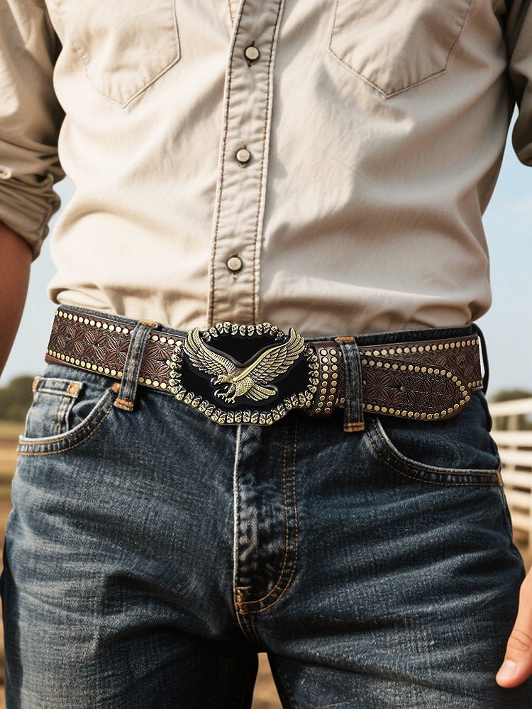 Men's Western Style Leather Belt with Eagle Buckle – Vintage Embossed Design with Rivets, Ideal for Casual and Country Wear 2025 - $18.99 –P2