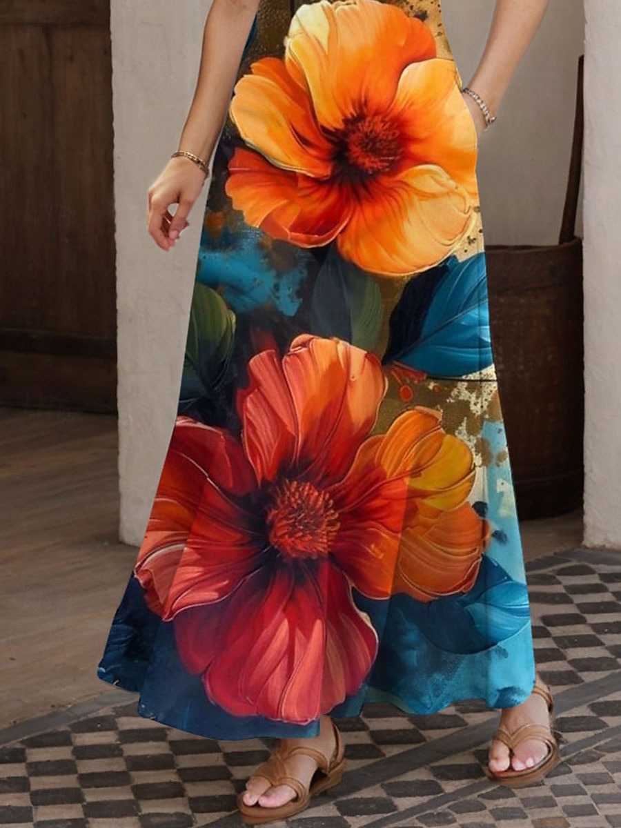 Women's Maxi Dress A Line Dress Summer Dress Off The Shoulder Dress Vacation Casual Party Date Regular Fit Floral Graphic Sleeveless Square Neck Orange Summer Spring 2025 - $26.99 –P3