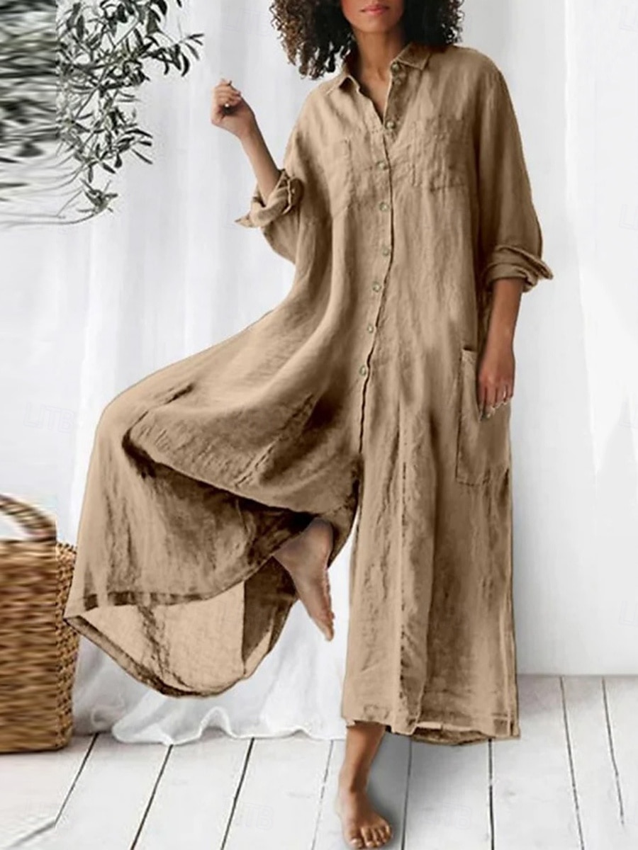 Damen Jumpsuit Aktiv Einfarbig Langarm Weit Bein Hemdkragen Knöpfe Tasche Urlaub Täglich Reguläre Passform Armeegrün Marineblau Khaki Sommer 2025 - $37.99 –P1