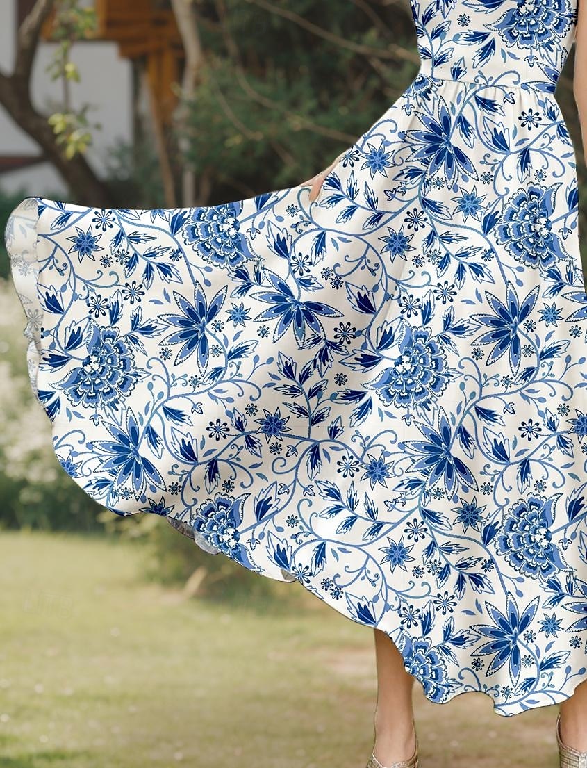 Dam Midiklänning Solklänning A linjeklänning Off Shoulder Klänning Semester Ledigt Boho Utomhus Fest Utekväll Standardpassform Blommig Grafisk Ärmlös U-hals Blå Sjögrön Sommar 2025 - $35.99 –P3