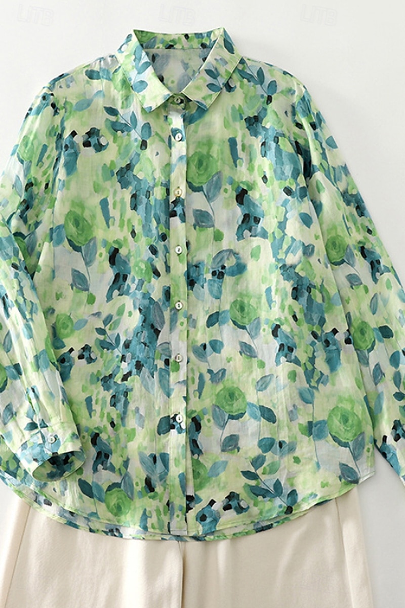 Per donna Camicia Abbottonare Camicia in cotone e lino Blusa Fiore Elegante Moderno Manica Lunga Scollo a V Top Regolari Ferie Uscire Bottoni Stampato Verde Estate del 2025 a $29.99 –P2