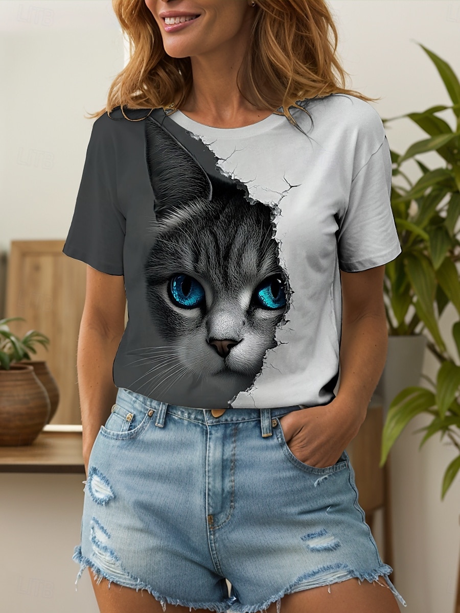 Dame T skjorte Grafisk Dyr Katt Årgang Stilfull Klassisk Kortermet Crew-hals Rund hals Vanlige topper Daglig Helg Trykt mønster Hvit og grå Sommer Vår 2025 - $19.99 –P5