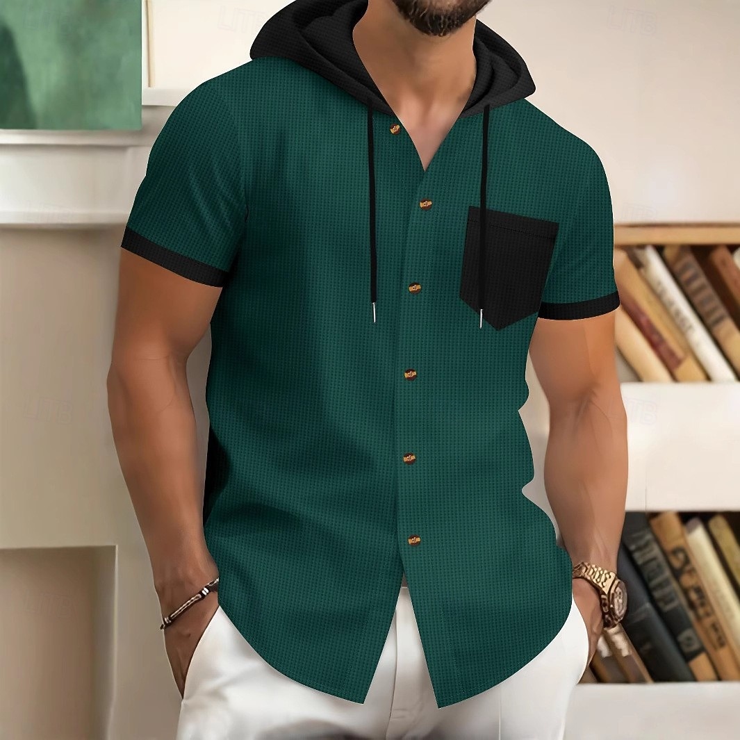Per uomo Maglietta Waffle Giacca di pelle Maglietta Manica Corta Con Cappuccio Estate Blocco di colori Moda Designer Casual Tasca Bottoni Davanti All'aperto Casuale Quotidiano Nero Verde Borgogna del 2026 a $21.99 –P12