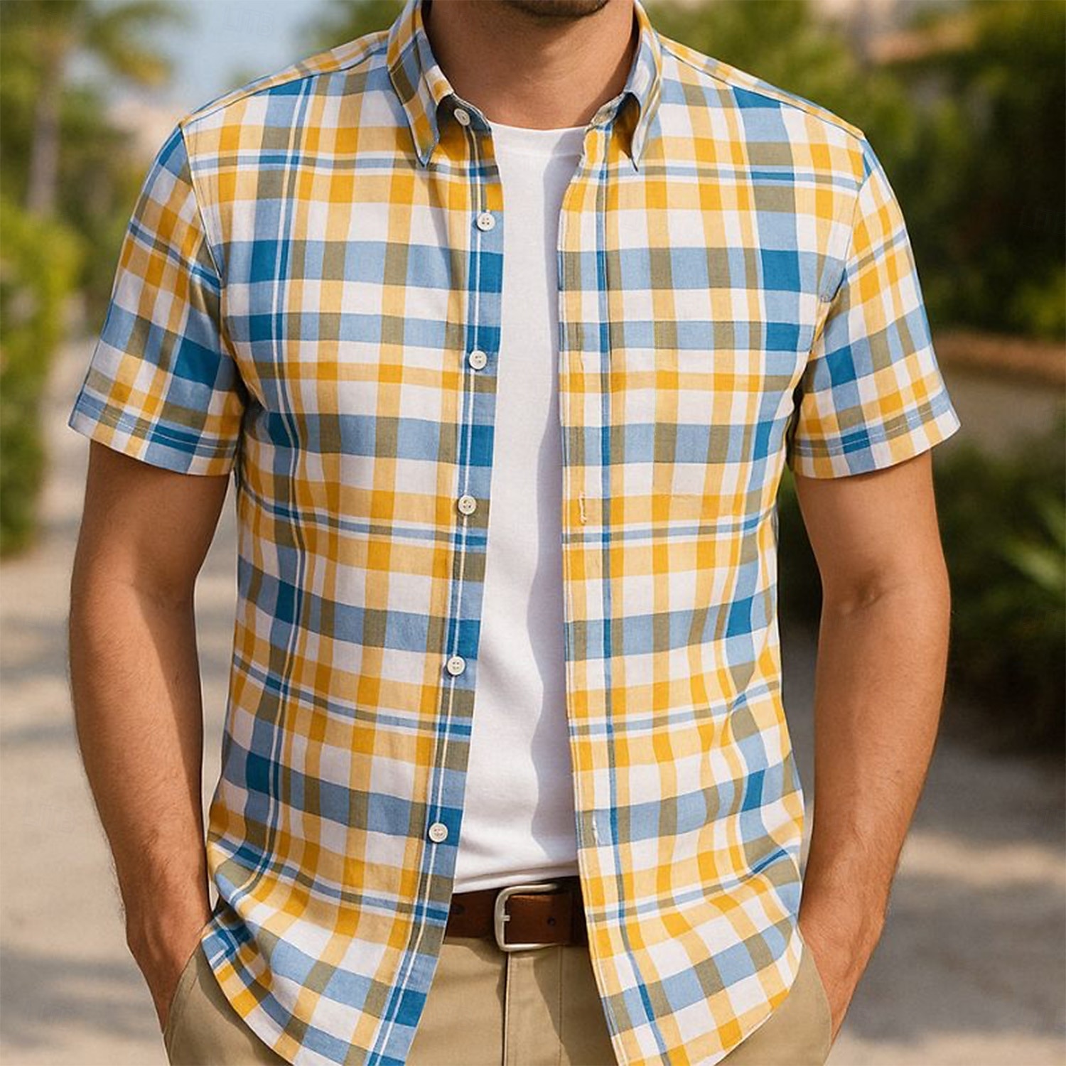 Herren Sommerhemd Freizeithemd Strandhemd Knopfhemd Schwarz Gelb Blau Leicht Blau Kurzarm Karo Revers Urlaub Hawaiianisch Bekleidung Polyester Mode Lässig Bequem 2025 - $19.49 –P3