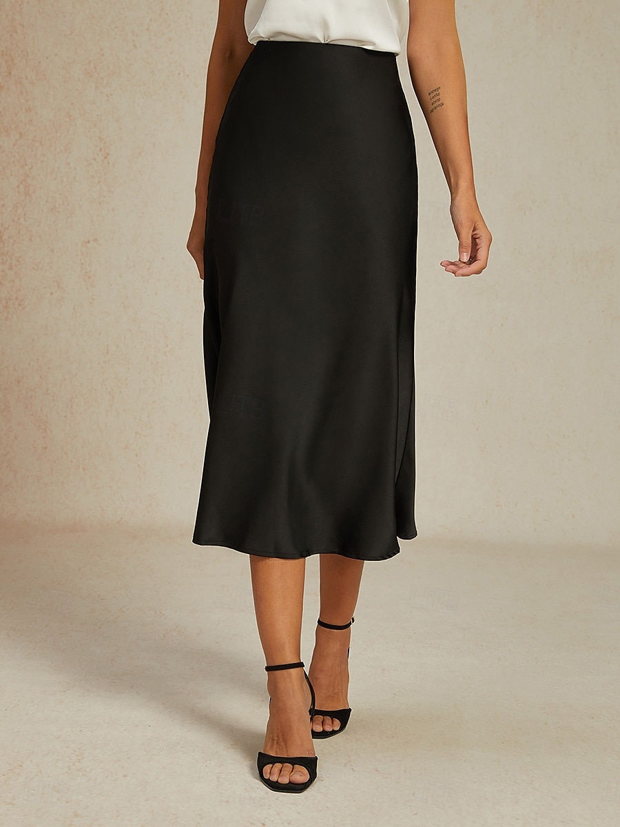 Damen Rock Elegant Mode Geschäftlich Midi Mittlere Hüfthöhe Röcke Einfach Chiffon Fließend Party-Abendmode Arbeitskleidung Schwarz Sommer Satin 2025 - $47.99 –P5