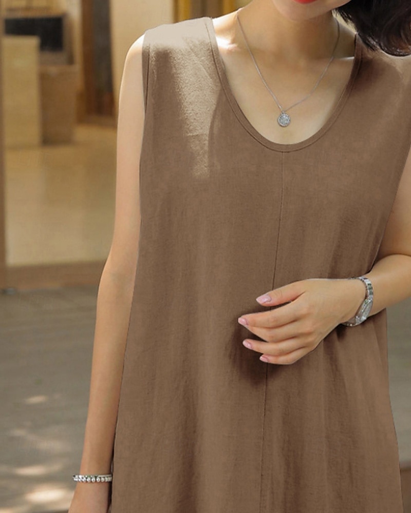 Per donna Abito Midi Abito in cotone e lino Classico Vacanza Quotidiano Uscire Vestibilità regolare Semplice Senza Maniche Scollo a V Marrone Albicocca Estate del 2025 a $42.99 –P8