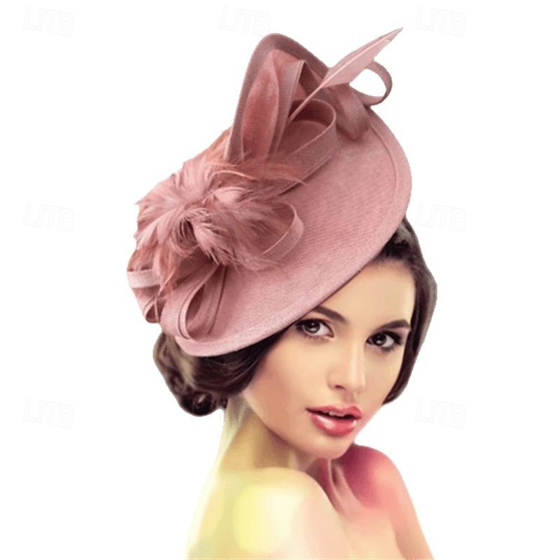Coiffe Lin Chapeau Fedora Mariage Soirée Fête du thé Course de Chevaux Cocktail ancien Mignon Simple Avec Plume Casque Couvre-chef de 2025 ? $43.99 –P5