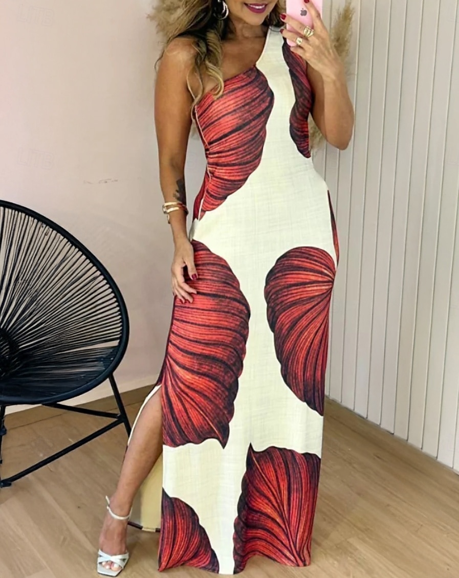 Dámské Dlouhé šaty Maxi šaty Plášťové šaty Letní šaty Elegantní Dovolená Rande Běžný S lístky Bez rukávů Jedno rameno Rubínově červená Hnědá Léto 2025 - $27.99 –P1