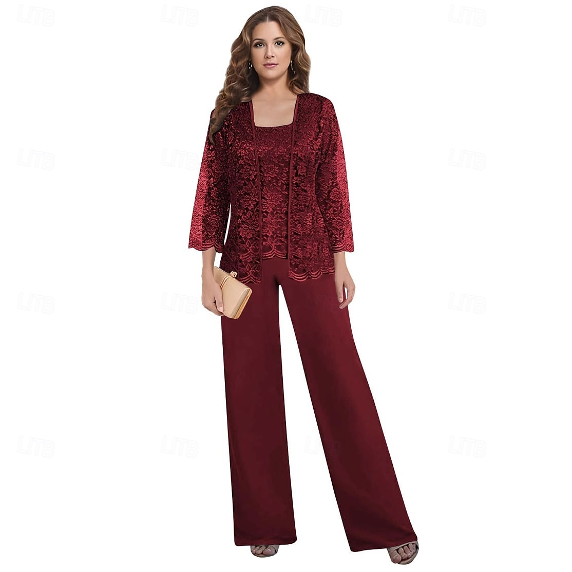 Hosenanzug Brautmutter Kleid Hochzeitsgast Elegantes Quadrat-Ausschnitt Bodenlang Polyester Spitze Lange Ärmel mit einfarbigem Material 2025 - $101.99 –P10