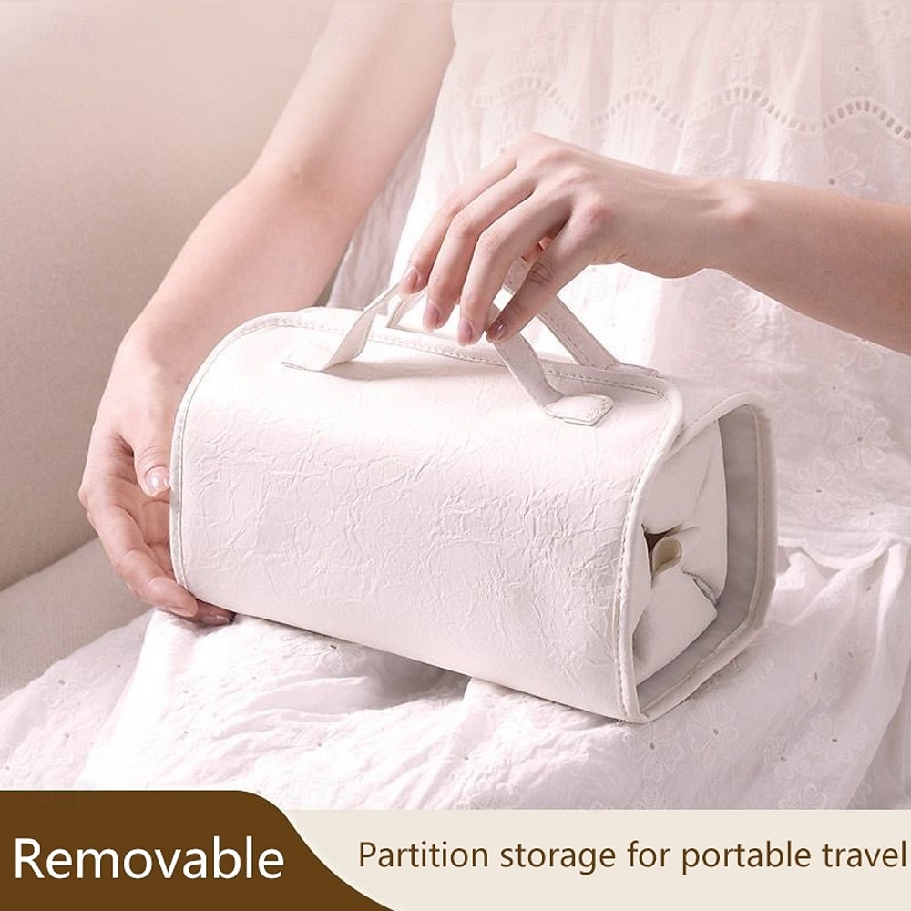 Bolsa de viaje de cuero para cosméticos, gran capacidad, portátil, para mujer, estuche de maquillaje, impermeable, organizador de maquillaje, bolsa de almacenamiento plegable 4 en 1, bolsa de aseo de 2025 - $15.49 –P2
