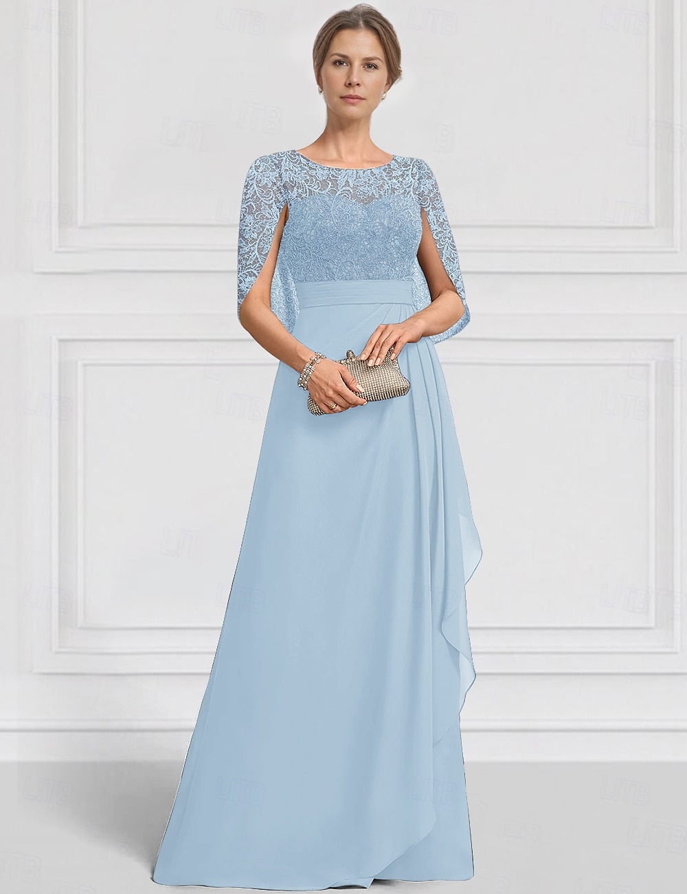 Abito per la Madre della Sposa A-Line Blu Verde Elegante Collo a Giro Lunghezza Piena Chiffon Maniche Corte Giacca con Ricamo in Pizzo del 2025 a $148.99 –P1