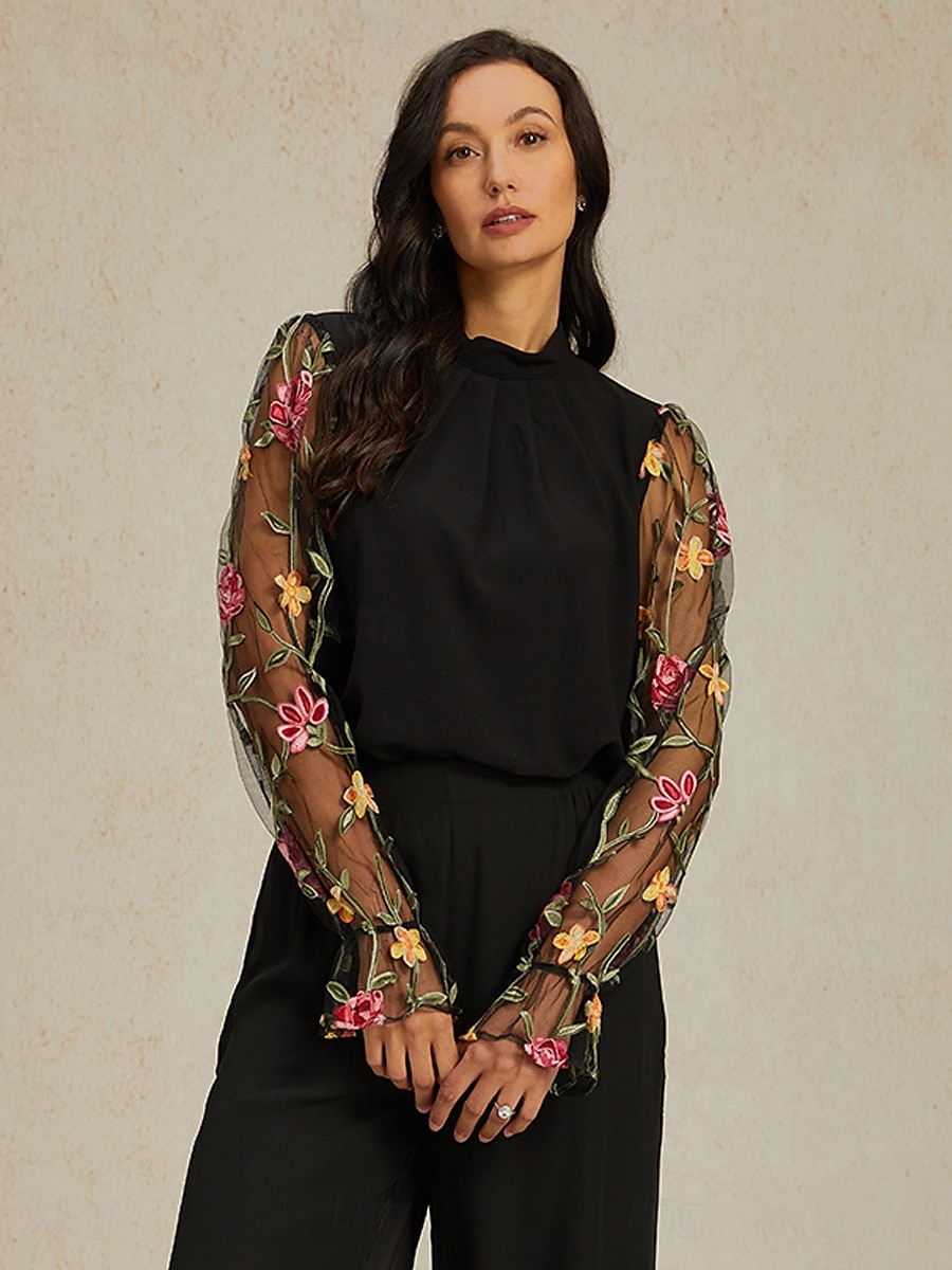 Dame Tunika Helfarge Netting Broderi Daglig Elegant Fritid Langermet Crew-hals Svart Vår Høst 2025 - $36.99 –P6