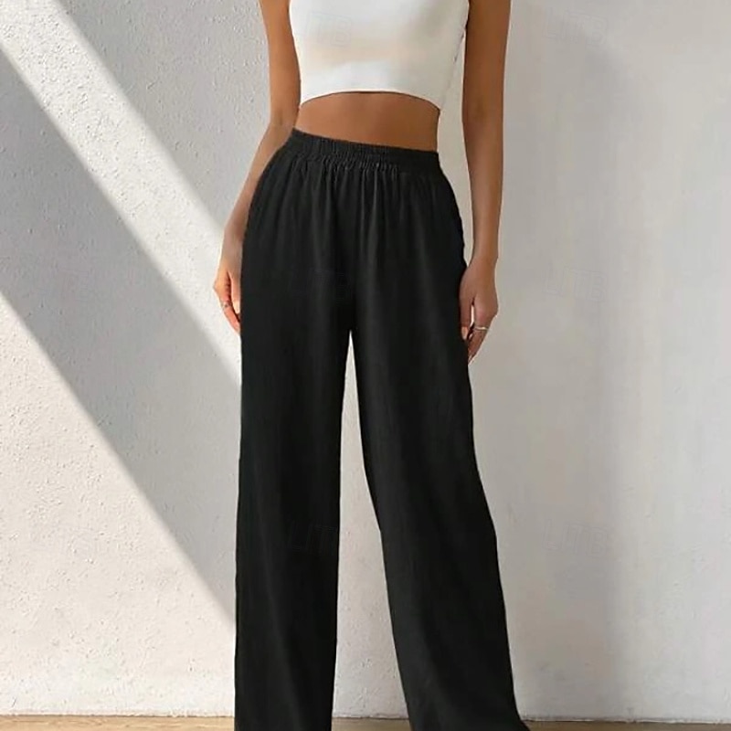 Women's Cotton Linen Pants Slacks Streetwear Casual Full Length Natural Plain Pocket Elastic Waist Comfy Comfortable Casual Daily Weekend Apricot Light Sky Blue Black Army Green Summer Regular Fit 2025 - €32.99 –P19
