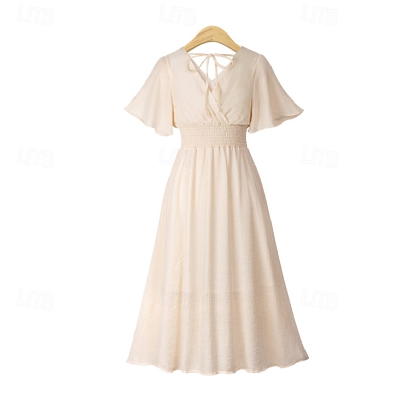 Dames Halflange jurk Cocktail jurk Bruiloft gast jurk Chiffon jurk Modieus Modern Vakantie Teaparty Weekend Normale pasvorm Effen Korte mouw V-hals Zwart Wit Blozend Roze Abrikoos Zomer 2025 - $23.99 –P7