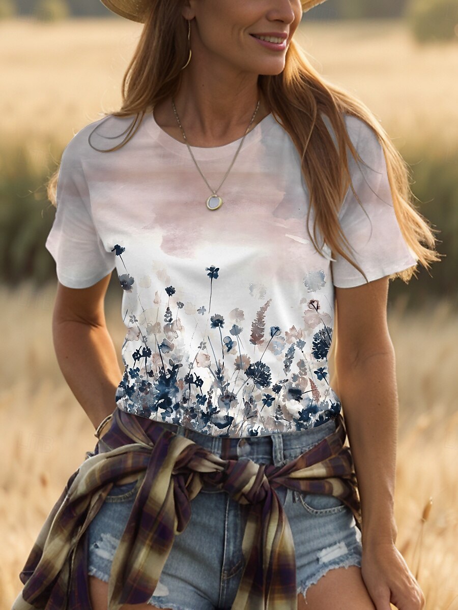 Femmes T-shirt A Ombre Fleuri Graphique ancien Élégant Classique Manche Courte Col ras du cou Col rond Hauts Réguliers Quotidien Imprimé Rose Claire Violet Vert Été Printemps de 2025 ? $19.99 –P1