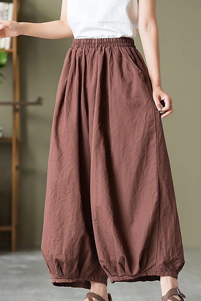 Per donna Pantaloni in cotone e lino Culotte Moda Streetwear Lunghezza intera Naturale Semplice Tasca Elastico in vita Comodo All'aperto Confortevole Vacanza Weekend Marrone rossastro Nero Verde del 2025 a $32.99 –P2
