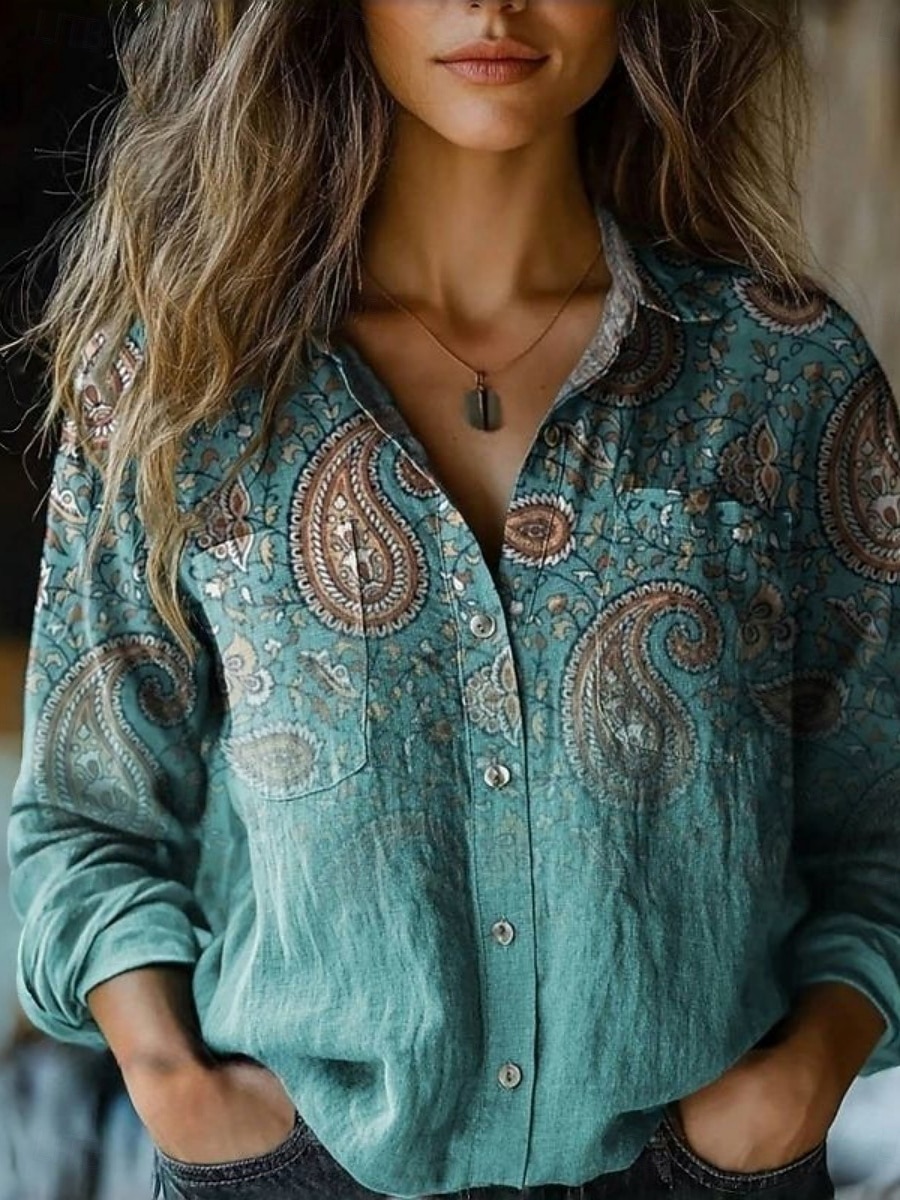 Per donna Camicia Camicia Boho Tasca Bottoni Stampato Floreale Paisley Elegante Moderno Manica Lunga Colletto a Camicia Top Regolari Quotidiano Ferie Blu Marrone rossastro Nero Giallo Vino Estate del 2026 a $27.99 –P7