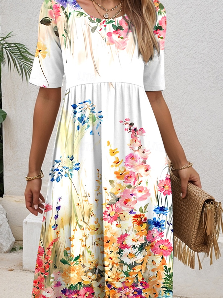 Women's Midi Dress Sundress Summer Dress Vacation Casual Beach Daily Holiday Regular Fit Floral Graphic Half Sleeve Crew Neck White Summer 2025 - $31.99 –P3