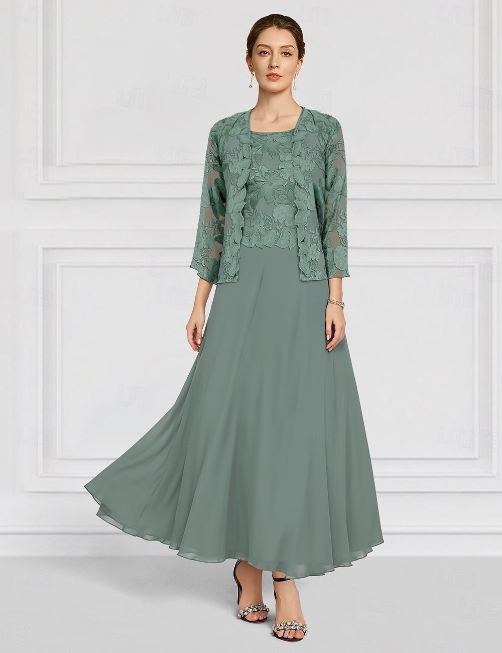 Set di Abiti Floreali Due Pezzi Madre della Sposa Elegante Collo a Giro Lunghezza Caviglia Chiffon Maniche Lunghe con Ricamo in Pizzo del 2025 a $158.99 –P1