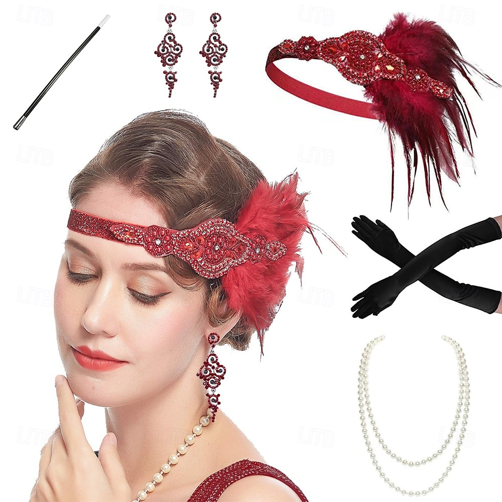 1920-as évek A nagy Gatsby Flapper fejpánt Gyöngyös karkötő Fülbevaló A nagy Gatsby Toll Retro Csillogó glitter Kristály / Strassz Női Farsang Valentin nap Álarcos mulatság Party estélyi viselet 2025 - $24.99 –P2