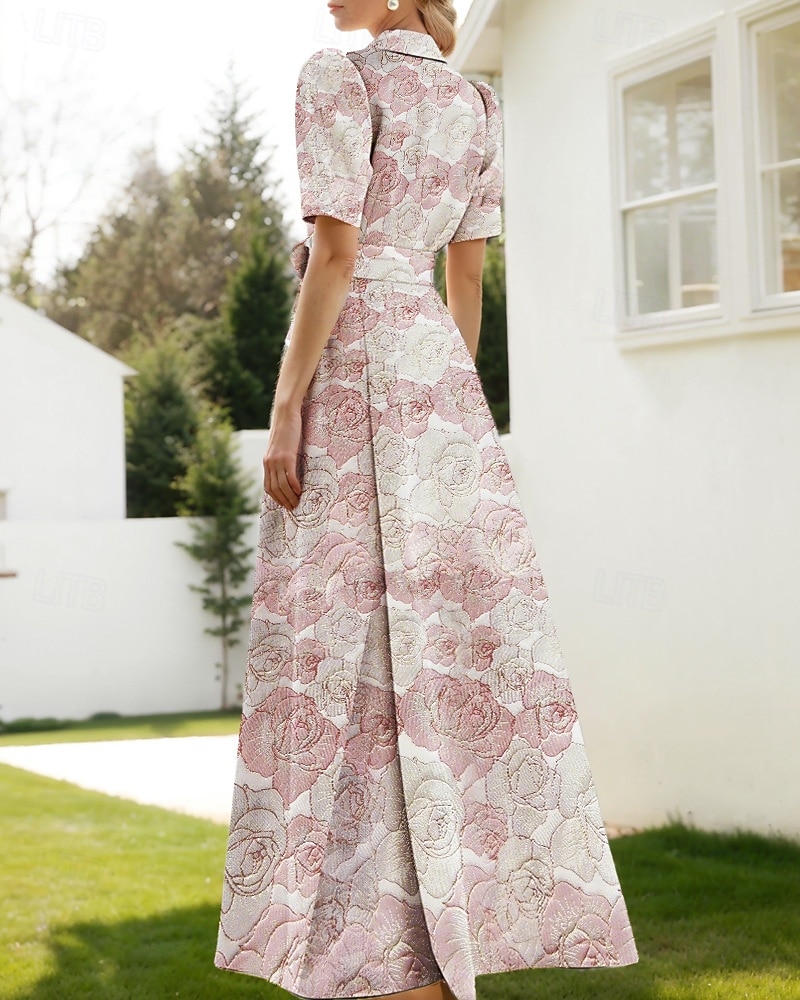 Jacquard Brokade Blomstrete Blå A-Linje Kveldsdrakt Elegant Kjole Formell Bryllup Gulvlengde Korte Ermer Skjortekrave Nylon med Splitt Lomme Bryllupsgjest Kjole 2025 - $144.99 –P7