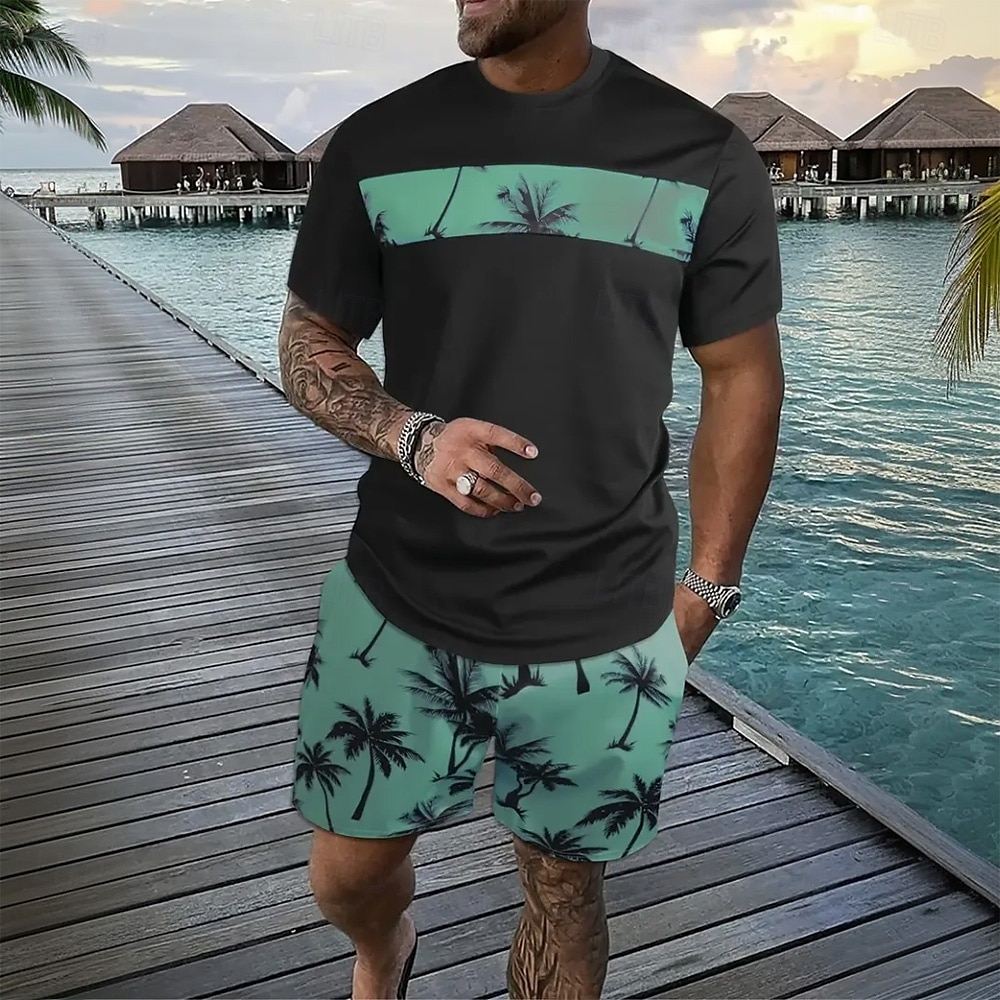 Herr Palmträd 2st T-shirts uppsättningar Summer Tops Kortärmad Korta byxor Rund hals Ledigt Tillflykt Ledigt Utekväll Semesterkläder 3D-utskrift Sommar Blå Rodnande Rosa Grön 2025 - $25.99 –P1