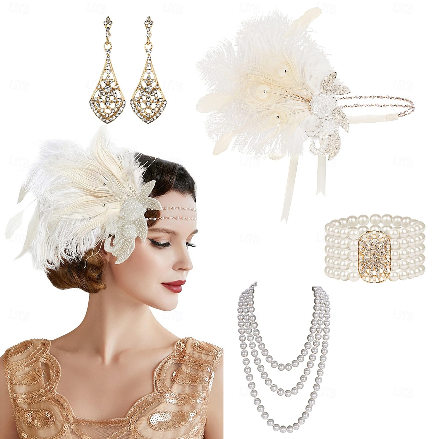A nagy Gatsby Flapper fejpánt Gyöngyös karkötő Fülbevaló A nagy Gatsby Toll Retro Csillogó glitter Női Kelta Farsang Valentin nap Álarcos mulatság Party estélyi viselet Álarcos mulatság Fesztivál 2025 - $23.99 –P1