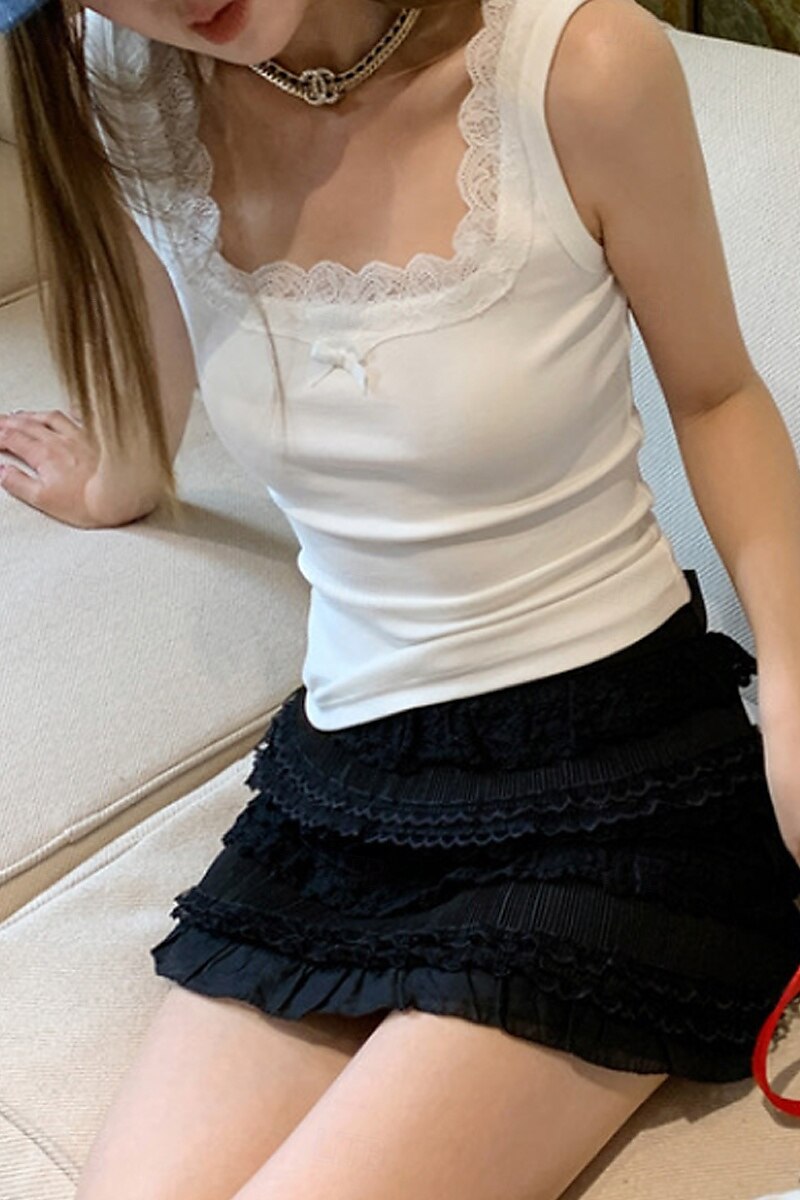 Women's Blouse Lace Tops Plain Modern Sleeveless Square Neck Regular Tops Holiday Going out Lace Black White Summer 2025 - $21.99 –P8