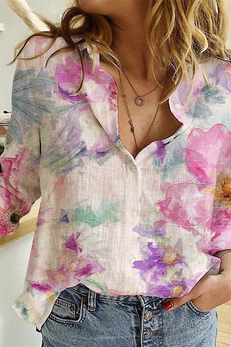 Dame Skjorte Knapp opp Bluse Blomsternål i krystall Moderne Fritid Langermet Skjortekrage Vanlige topper Daglig Ut på byen Trykt mønster Gul Lysegrønn Rosa Lilla Grønn Sommer 2025 - $30.99 –P6