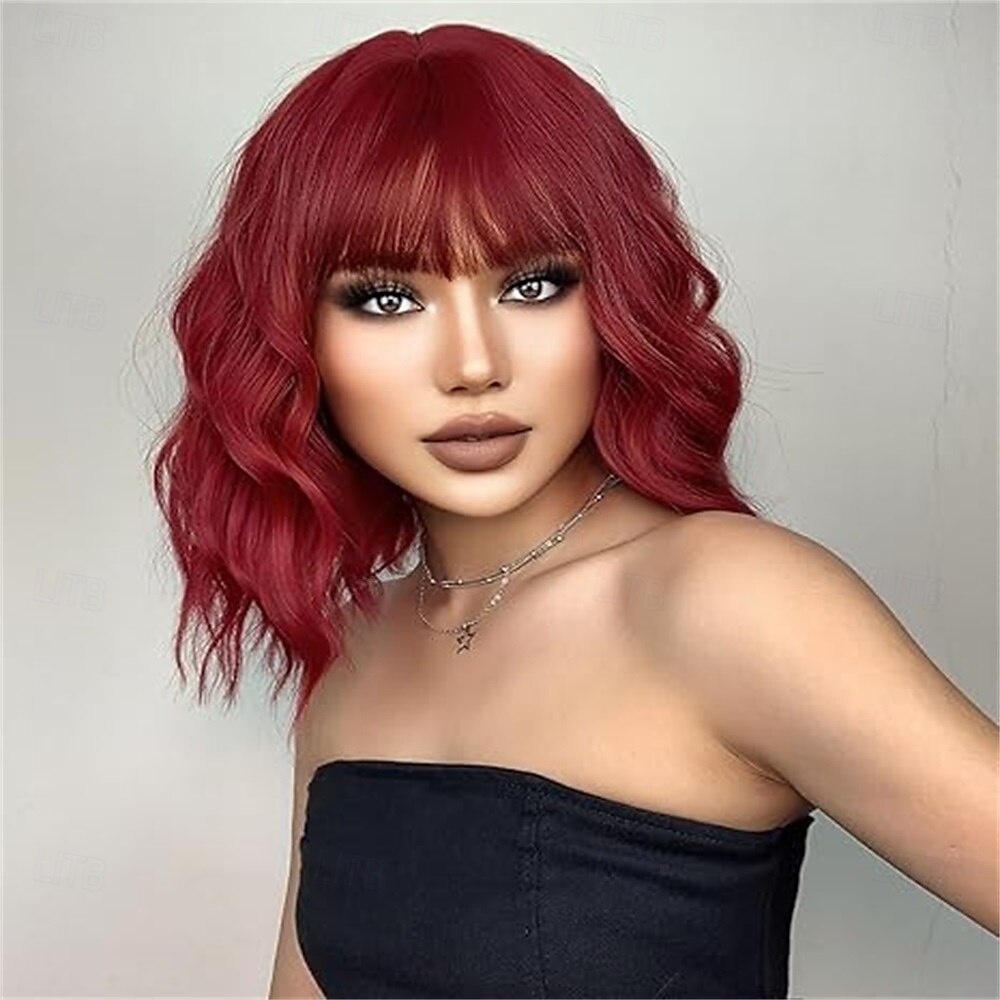 Peruca curta ondulada com franja para mulheres, comprimento dos ombros, bob, perucas sintéticas cacheadas com ondulado natural, preto, misto, vinho tinto, peruca resistente ao calor para uso diário em de 2025 por $25.99 –P5