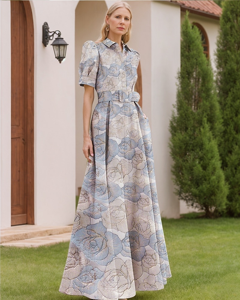 Jacquard Brokade Blomstrete Blå A-Linje Kveldsdrakt Elegant Kjole Formell Bryllup Gulvlengde Korte Ermer Skjortekrave Nylon med Splitt Lomme Bryllupsgjest Kjole 2025 - $144.99 –P2