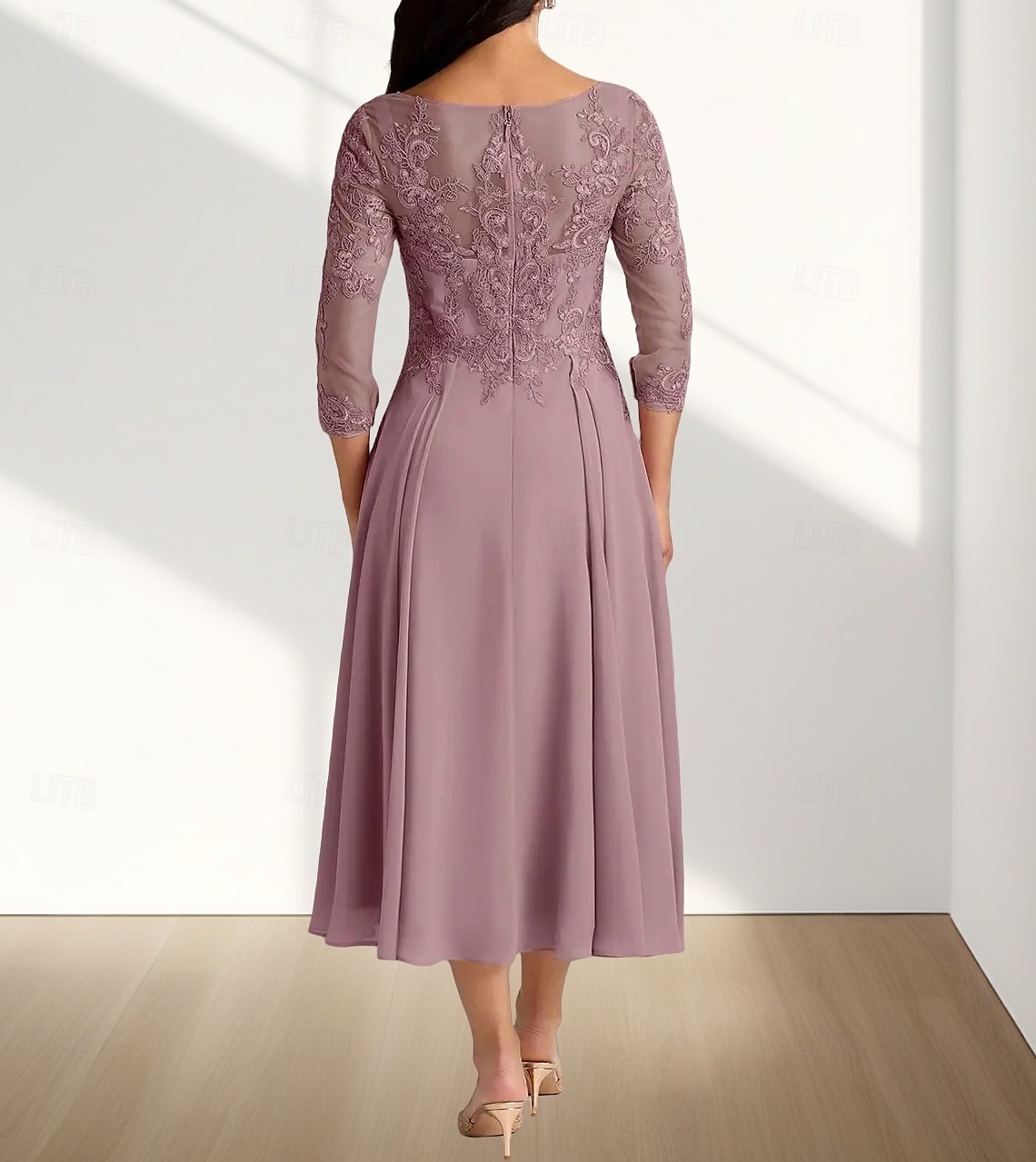 Robe Mère de la Mariée A-Line Invité de Mariage Élégante Col Arrondi Longueur Thé Chiffon Manches 3/4 avec Plis Appliques Robe Midi 2025 de 2025 ? $172.99 –P2